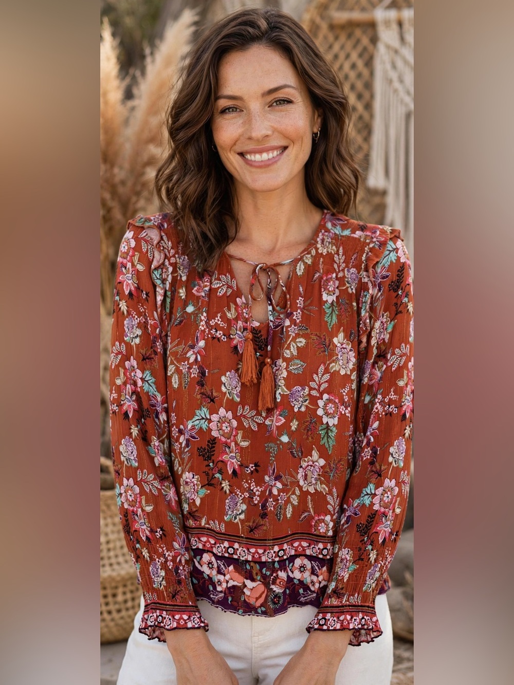 Boho Rust Floral Tassel Peasant Blouse Tie Neck Top L